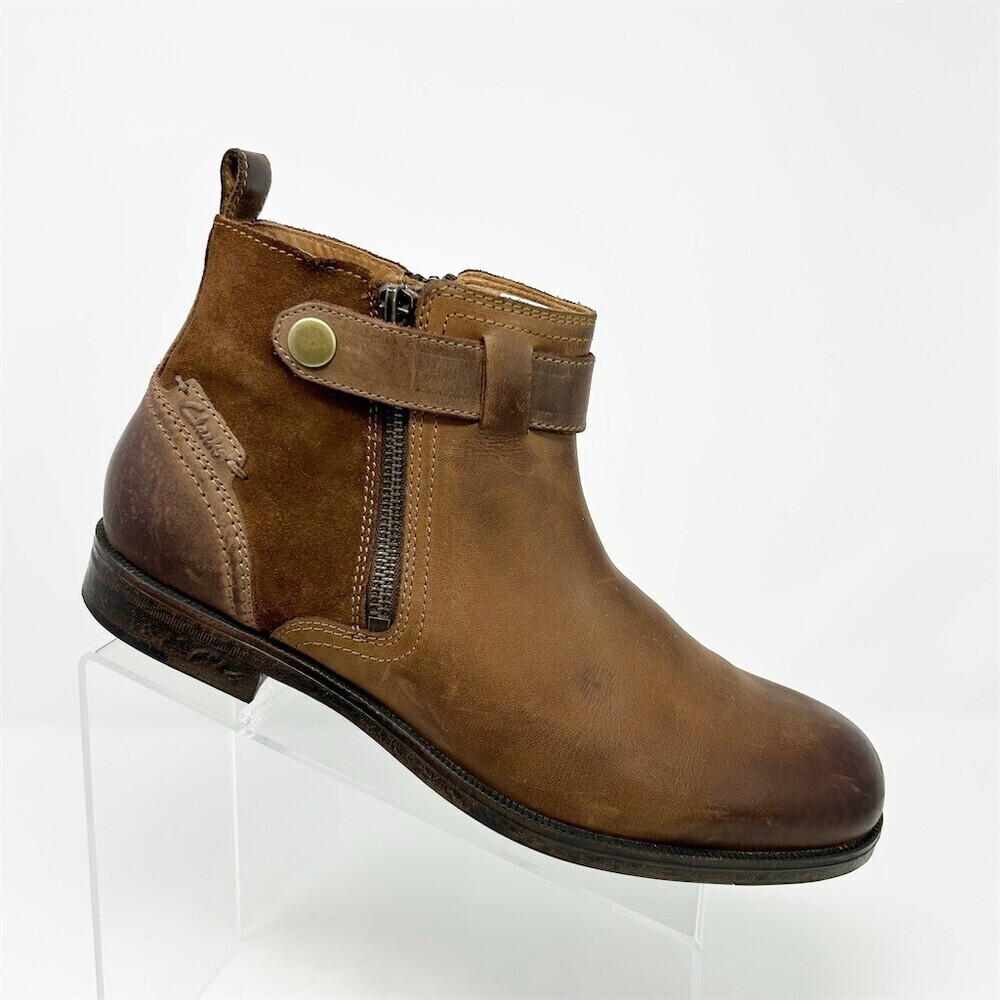 Clarks Brocton Mid Men's Ankle Boots Brown Side Zip Buckle Strap Casual Size 8.5